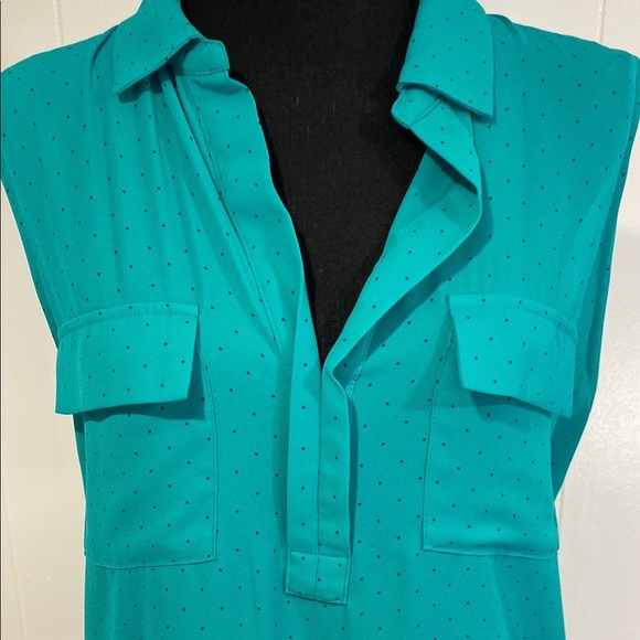 LOFT Blouse Sleeveless Pockets Polka Dot Mixed Media Teal Size Large - Picture 7 of 8